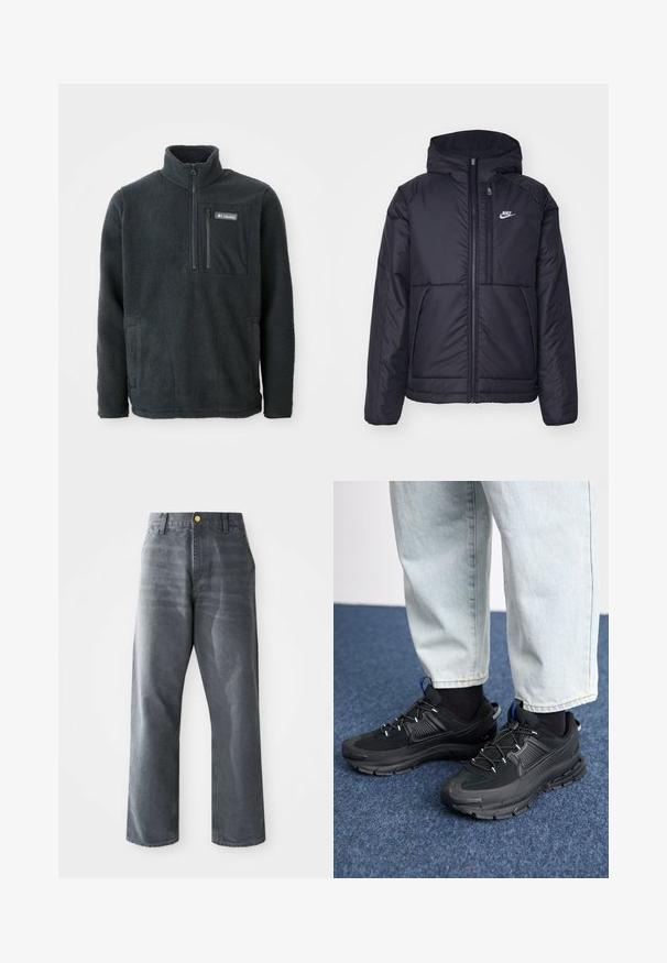 Jachetă Nike neagră, căptușită, cu fermoar pe față și glugă. Prezintă un logo alb pe pieptul stâng și două buzunare frontale. Textură exterioară netedă.; Pulover din fleece gri închis cu guler înalt, fermoar pe jumătate în față, buzunar pe piept cu fermoar și buzunare laterale pentru mâini, fabricat de Columbia.; Jeanși din denim gri pentru bărbați, cu croială lejeră și picioare largi, dotati cu buzunare frontale și un buton auriu vizibil pe talie.; Pantofi sport negri, cu țesătură texturată și tălpi din cauciuc, având șireturi elastice și un accent albastru pe toc. Purtați cu pantaloni din denim deschis.