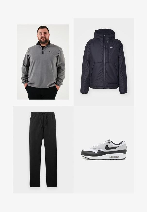 Musta, pehmustettu Nike-takki, jossa on etuvetoketju ja huppu. Vasemmassa rinnassa on valkoinen logo ja takissa on kaksinkertaiset etutaskut. Pintakoe on sileä.; Harmaa fleecetakki puolivillalla, jossa on musta kaulus ja pieni logo rinnassa. Pehmeä pinta ja rento istuvuus.; Mustat collegehousut, jotka on valmistettu fleece-materiaalista ja joissa on joustava vyötärö, jossa on kiristysnyörit, kaksi etutaskua ja pieni logo reidessä.; Nike Air Max 1 kengät, joissa on valkoinen ja harmaa päällinen mustilla nahkaosuuksilla, pyöreä muoto ja näkyvä ilmanvaimennus pohjassa.