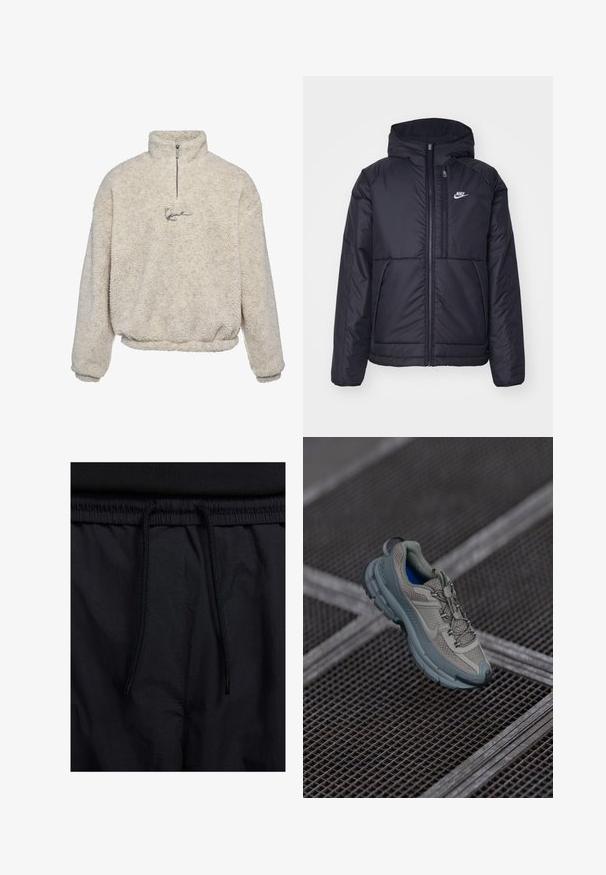 Crna Nike jakna s podstavom, dugmadi sprijeda i kapuljačom. Ima bijeli logotip na lijevoj strani prsnog koša i dva prednja džepa. Glatka vanjska tekstura.; Pulover boje kreme izrađen od teksturiranog flisa, s ovratnikom na pola zatvarača i malim izvezenim logotipom sprijeda.; Crne kratke hlače s pojasom na vezanje, lagani materijal s glatkom teksturom i jednostavan dizajn bez vidljivih logotipa ili uzoraka.; Bež i sivi sportski tenisice s teksturiranim mrežastim gornjim dijelom, zaobljenim vrhom i gumenom potplatom, s vezicama i podstavljenim ovratnikom.