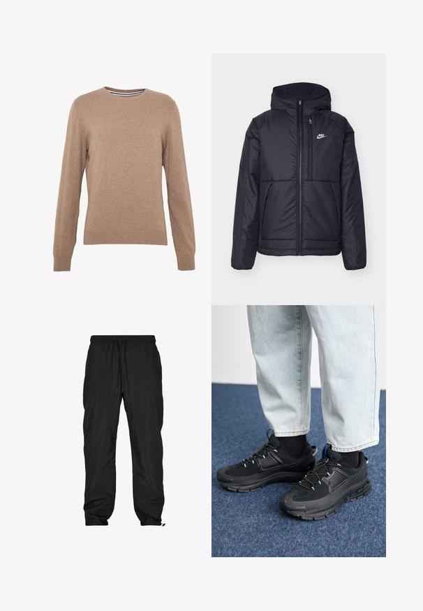 Čierna, polstrovaná bunda Nike so zipsom vpredu a kapucňou. Na ľavej strane hrude sa nachádza biele logo a sú tu dva predné vrecká. Hladký vonkajší povrch.; Hnedý sveter vyrobený z pleteného materiálu, s okrúhlym výstrihom a dlhými rukávmi. Hladké manžety a spodný lem, jednofarebný s jemnou textúrou.; Čierne, ľahké, vodoodpudivé nohavice s elastickým pásom, nastaviteľným šnúrkou, bočnými vreckami a zužujúcimi sa manžetami.; Čierne športové topánky s textúrovanou tkaninou a gumovou podrážkou, so elastickými šnúrkami a modrým akcentom na päte. Nosia sa s svetlými riflami.