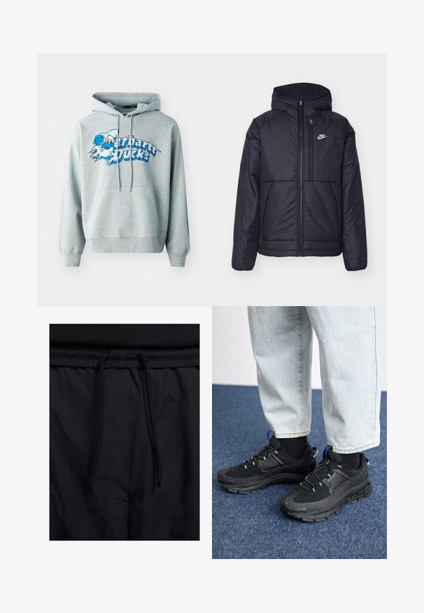 Chaqueta acolchada negra de Nike con cremallera frontal y capucha. Presenta un logo blanco en el lado izquierdo del pecho y dos bolsillos frontales. Textura exterior suave.; Sudadera gris de algodón con capucha ajustable, bolsillo frontal y un gráfico azul que presenta texto y un personaje en estilo de dibujos animados. Textura suave.; Pantalones cortos negros con cinturilla ajustable, tejido ligero con una textura suave y un diseño sencillo sin logotipos visibles ni patrones.; Zapatillas deportivas negras con tejido texturizado y suelas de goma, con cordones elásticos y un acento azul en el talón. Combinadas con pantalones de mezclilla claros.