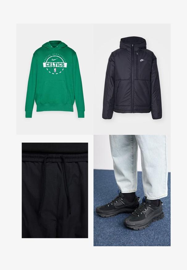 Fekete, párnázott Nike dzseki elülső cipzárral és kapucnival. A bal mellen fehér logó található, valamint két elülső zseb. Simának tűnő külső felület.; Zöld kapucnis pulóver, fehér "CELTICS" logóval, kenguruzsebbel és bordázott mandzsettákkal. Puha anyagból készült.; Fekete rövidnadrág, húzózsinórral ellátott derékrésszel, könnyű anyagból, sima felszínen, egyszerű dizájnnal, látható logók vagy minták nélkül.; Fekete sportcipők texturált anyaggal és gumitalppal, elasztikus fűzőkkel és kék kiegészítővel a saroknál. Világos farmernadrággal viselve.