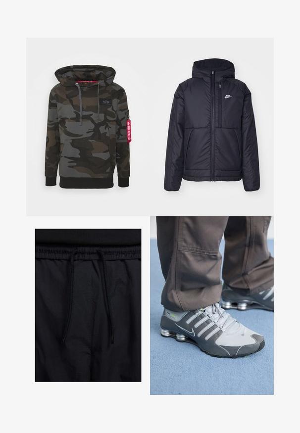 Black, padded Nike jacket with a front zipper and hood. Features a white logo on the left chest and dual front pockets. Smooth exterior texture.; Camo hoodie in shades of dark green and gray, featuring a front kangaroo pocket, drawstring hood, and a zip pocket with a red tag.; Black shorts featuring a drawstring waistband, lightweight fabric with a smooth texture, and a simple design without visible logos or patterns.; Gray and silver Nike Shox sneakers feature a sleek design, with mesh and synthetic materials, a rounded toe, and a padded collar.