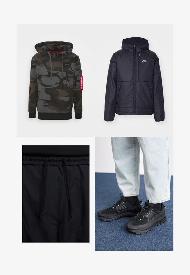 Melna, pufota Nike jaka ar priekšējo rāvējslēdzēju un kapuci. Iezīmēta ar baltu logotipu uz kreisās krūtis un divām priekšējām kabatām. Gluda ārējā tekstūra.; Kamuflāžas kapuci džemperis tumši zaļos un pelēkos toņos, ar priekšējo kangaroo kabatu, kapuci ar auklu un rāvējslēdzēja kabatu ar sarkano birku.; Melni šorti ar sašūtu jostu, viegls audums ar gludu tekstūru un vienkāršs dizains bez redzamiem logotipiem vai paraugiem.; Melni sporta apavi ar strukturētu audumu un gumijas zoli, ar elastīgām auklām un zilu akcentu uz papēža. Nēsāti ar gaišām džinsu biksēm.