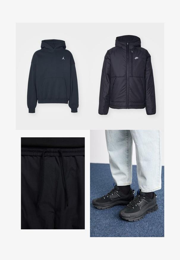 Fekete, párnázott Nike dzseki elülső cipzárral és kapucnival. A bal mellen fehér logó található, valamint két elülső zseb. Simának tűnő külső felület.; Fekete kapucnis pulóver, pamutból készült, kenguru zsebbel, laza fitettel és egy kis fehér Jumpman logóval a bal mellkas területén.; Fekete rövidnadrág, húzózsinórral ellátott derékrésszel, könnyű anyagból, sima felszínen, egyszerű dizájnnal, látható logók vagy minták nélkül.; Fekete sportcipők texturált anyaggal és gumitalppal, elasztikus fűzőkkel és kék kiegészítővel a saroknál. Világos farmernadrággal viselve.
