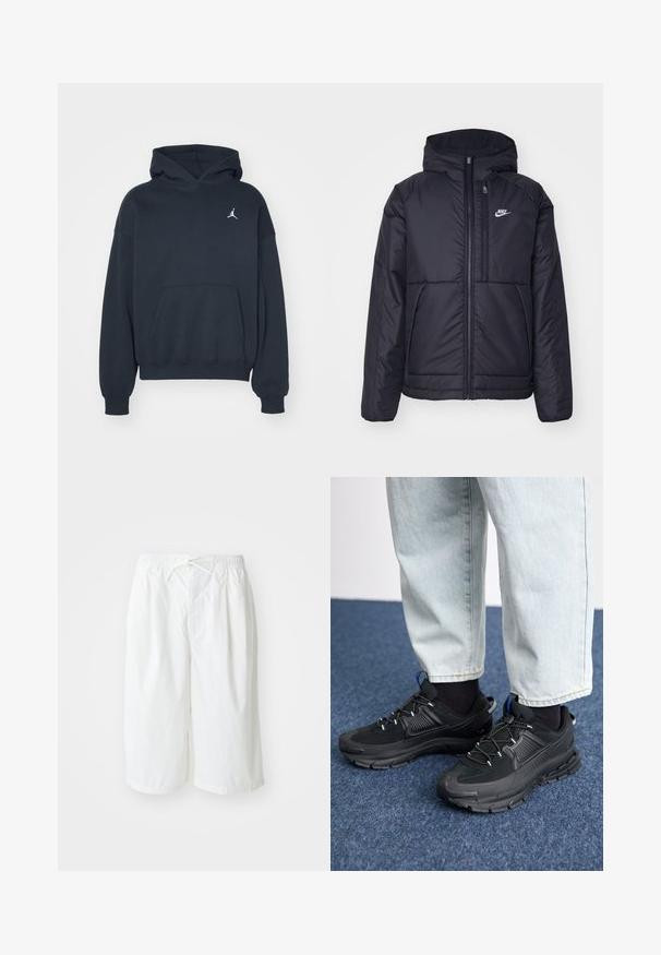 Černá zateplená bunda Nike s předním zipem a kapucí. Na levé straně hrudi má bílé logo a dvojité přední kapsy. Hladký povrch.; Černá mikina s kapucí vyrobená z bavlny, s klokankou, volný střih a malé bílé logo Jumpman na levé části hrudi.; Bílé kraťasy s elastickým pasem a šňůrkou, zobrazené na jednoduchém světlém pozadí. Vhodné pro každodenní nebo letní nošení.; Černé sportovní boty s texturovanou tkaninou a gumovou podrážkou, s elastickými tkaničkami a modrým akcentem na patě. Nosí se s světlými džíny.