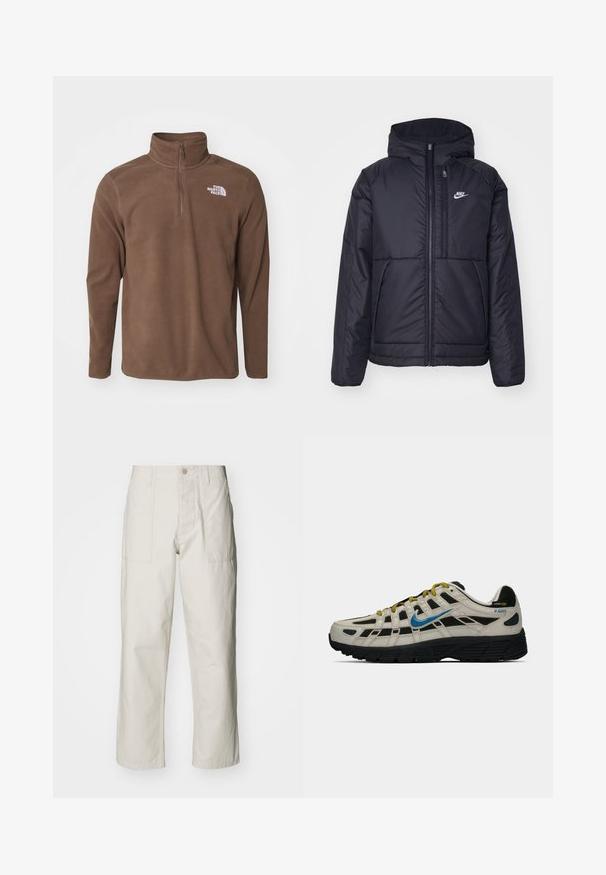 Černá zateplená bunda Nike s předním zipem a kapucí. Na levé straně hrudi má bílé logo a dvojité přední kapsy. Hladký povrch.; The North Face GLACIER 1/4 ZIP - Fleecová mikina - smokey brown; Světle béžové kalhoty s širokými nohavicemi vyrobené z bavlny. Obsahují přední kapsy a zapínání na knoflík. Hladký povrch s jemnými vertikálními pruhy.; Béžové a černé tenisky Nike P-6000 s modrým logem swoosh, žlutými tkaničkami, černou podrážkou a štítkem z Cordura tkaniny na patě.