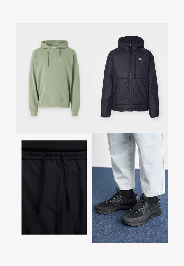 Svart, vadderad Nike-jacka med dragkedja framtill och huva. Har en vit logotyp på vänster bröst och dubbla framfickor. Slät yttextur.; Huva sweatshirt i ljusgrön bomullsblandning, med långa ärmar, en framficka och dragsko för justerbar passform.; Svarta shorts med dragsko i midjan, lättviktig tyg med en slät yta och en enkel design utan synliga logotyper eller mönster.; Svarta sportskor med texturerat tyg och gummisulor, med elastiska snörningar och en blå detalj på hälen. Bärs med ljusa jeans.