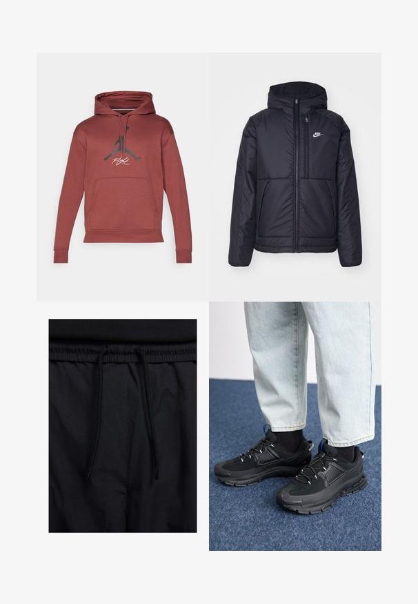 Črna, podložena Nike jakna z sprednjim zadrgo in kapuco. Ima bel logo na levem prsnem delu in dvojna sprednja žepa. Gladka zunanja tekstura.; Rdeča športna kapuca z kenguru žepom, kapuco na vrvico in črnim Jumpman logotipom s bele barve napisom "Flight" na sprednji strani.; Črne kratke hlače z vrvico v pasu, lahkotna tkanina z gladko teksturo in preprosto zasnovo brez vidnih logotipov ali vzorcev.; Črne športne čevlje z teksturirano tkanino in gumijastimi podplati, ki imajo elastične vezalke ter modre poudarke na peti. Nosi se z lahkimi denim hlačami.