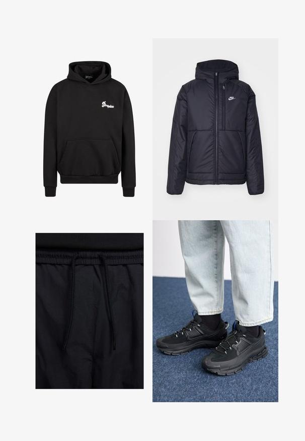Black, padded Nike jacket with a front zipper and hood. Features a white logo on the left chest and dual front pockets. Smooth exterior texture.; Black hooded sweatshirt made of fleece. Features a front pouch pocket, ribbed cuffs, and an embroidered white logo on the chest.; Black shorts featuring a drawstring waistband, lightweight fabric with a smooth texture, and a simple design without visible logos or patterns.; Black athletic shoes with textured fabric and rubber soles, featuring elastic laces and a blue accent on the heel. Worn with light denim pants.