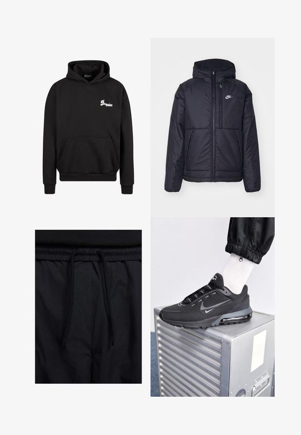 Giacca Nike nera, imbottita, con zip frontale e cappuccio. Presenta un logo bianco sul lato sinistro del petto e doppie tasche frontali. Texture esterna liscia.; Felpa con cappuccio nera realizzata in pile. Presenta una tasca frontale a marsupio, polsini a coste e un logo bianco ricamato sul petto.; Shorts neri con vita regolabile tramite coulisse, tessuto leggero con una texture liscia e un design semplice senza loghi o motivi visibili.; Nike Sportswear PULSE - Sneakers basse - black/anthracite