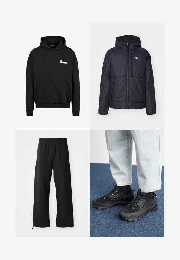 Schwarze, gepolsterte Nike-Jacke mit Frontreißverschluss und Kapuze. Hat ein weißes Logo auf der linken Brust und zwei Fronttaschen. Glattes äußeres Material.; Schwarzer Kapuzenpullover aus Fleece. Mit einer Fronttasche, gerippten Bündchen und einem gestickten weißen Logo auf der Brust.; Schwarze weit geschnittene Hose aus weichem Stoff, mit elastischem Bund und Kordelzug, seitlichen Taschen und glatter Textur.; Schwarze Sportschuhe aus strukturiertem Stoff mit Gummisohlen, ausgestattet mit elastischen Schnürsenkeln und einem blauen Akzent an der Ferse. Getragen mit hellen Jeans.