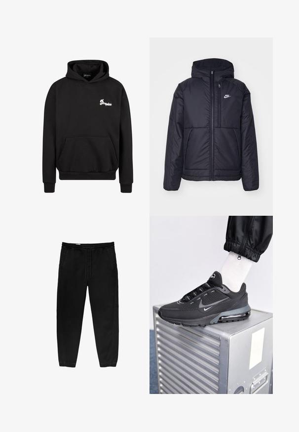 Veste Nike noire rembourrée avec une fermeture éclair sur le devant et une capuche. Elle présente un logo blanc sur la poitrine gauche et deux poches avant. Texture extérieure lisse.; Sweatshirt à capuche noire en polaire. Dispose d'une poche avant, de poignets côtelés et d'un logo brodé blanc sur la poitrine.; Pantalons noirs à taille élastique avec un cordon de serrage, jambes fuselées, poches latérales et détails de couture subtile sur les côtés. Texture douce en coton.; Nike Sportswear PULSE - Baskets basses - black/anthracite