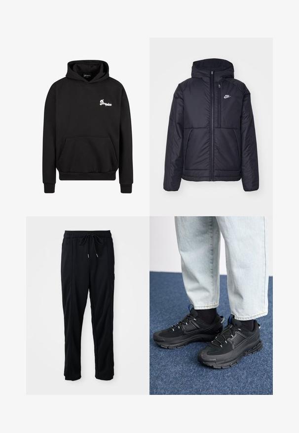 Zwarte, gewatteerde Nike-jas met een voorkant met ritssluiting en capuchon. Kenmerkt zich door een wit logo op de linkerborst en dubbele frontzakken. Gladde buitenkant.; Zwarte hoodie gemaakt van fleece. Beschikt over een voorzak, ribgebreide manchetten en een geborduurd wit logo op de borst.; Zwarte casual broek met koord in de taille, met zijzakken en rechte pijpen op een effen achtergrond.; Zwarte sportschoenen met gestructureerde stof en rubberen zolen, met elastische veters en een blauwe accent op de hiel. Draag samen met lichte spijkerbroeken.