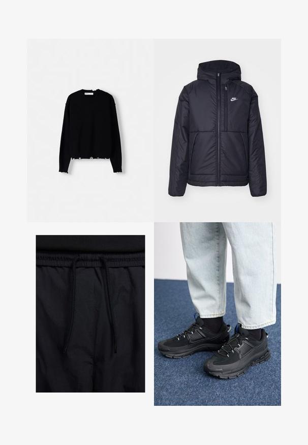 Črna, podložena Nike jakna z sprednjim zadrgo in kapuco. Ima bel logo na levem prsnem delu in dvojna sprednja žepa. Gladka zunanja tekstura.; Črna pletena pulover s krožnim izrezom, dolgimi rokavi in razfrkanim robom. Ima rebraste manšete in sproščen kroj.; Črne kratke hlače z vrvico v pasu, lahkotna tkanina z gladko teksturo in preprosto zasnovo brez vidnih logotipov ali vzorcev.; Črne športne čevlje z teksturirano tkanino in gumijastimi podplati, ki imajo elastične vezalke ter modre poudarke na peti. Nosi se z lahkimi denim hlačami.