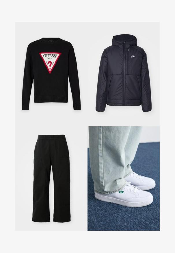 Juodas, paminkštintas Nike džemperis su priekyje užtrauktuku ir gobtuvu. Pasižymi balta logo kairėje krūtinės pusėje ir dviem priekinėmis kišenėmis. Su lygiu išoriniu paviršiumi.; Juodas megztinis su dideliu raudonu trikampiu, ant kurio balta tekstu parašyta "GUESS® U.S.A." ir centriniu klausimo ženklo motyvu. Raštuoti rankogaliai ir apykaklė.; Juodi medvilniniai kelnių su elastinga juosta, plačiomis kojomis ir didelėmis šoninėmis kišenėmis. Audinys atrodo minkštas ir glotnus.; Balti odiniai sportbačiai su žaliu Nike logotipu, apvalia nosimi, plokščiu padu, derinami su šviesiai mėlynomis džinsinėmis kelnėmis, rodomi ant mėlynos kiliminės dangos.