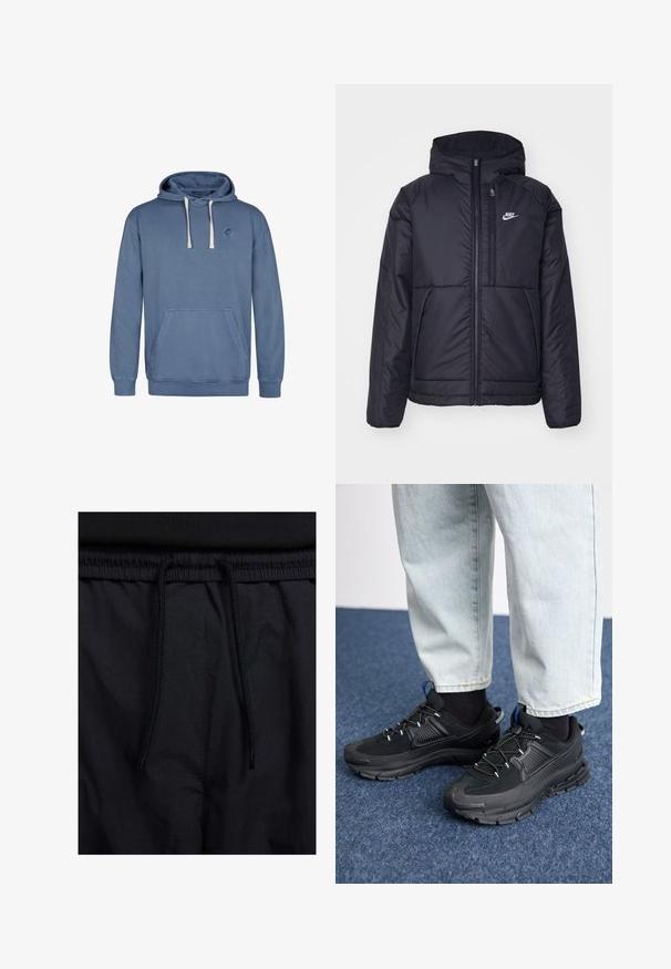 Chaqueta acolchada negra de Nike con cremallera frontal y capucha. Presenta un logo blanco en el lado izquierdo del pecho y dos bolsillos frontales. Textura exterior suave.; Sudadera azul hecha de tejido suave, con un bolsillo frontal, capucha ajustable con cordón y un logo circular en el pecho.; Pantalones cortos negros con cinturilla ajustable, tejido ligero con una textura suave y un diseño sencillo sin logotipos visibles ni patrones.; Zapatillas deportivas negras con tejido texturizado y suelas de goma, con cordones elásticos y un acento azul en el talón. Combinadas con pantalones de mezclilla claros.