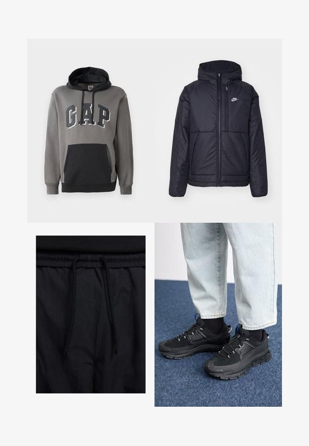 Juodas, paminkštintas Nike džemperis su priekyje užtrauktuku ir gobtuvu. Pasižymi balta logo kairėje krūtinės pusėje ir dviem priekinėmis kišenėmis. Su lygiu išoriniu paviršiumi.; Pilkas vilnos džemperis su juodu kengūros kišeniu, puošia „GAP“ logotipas ryškiomis raidėmis per krūtinę, ir su raišteliu reguliuojama kapisonu.; Juodos šortai su raišteliu juosmens srityje, lengva medžiaga su lygiu paviršiumi ir paprastas dizainas be matomų logotipų ar raštų.; Juodi sportiniai bateliai su tekstūruota medžiaga ir guminiais padais, su elastingomis raišteliais ir mėlynu akcentu ant kulno. Dėvimi su šviesiai mėlynomis džinsinėmis kelnėmis.