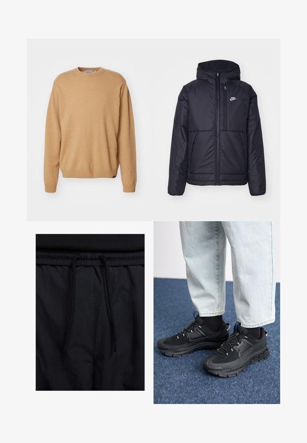 Črna, podložena Nike jakna z sprednjim zadrgo in kapuco. Ima bel logo na levem prsnem delu in dvojna sprednja žepa. Gladka zunanja tekstura.; Bež pleteni pulover s krojnim izrezom, dolgimi rokavi ter rebrastimi manšetami in robom. Mehak material s oznako na dnu.; Črne kratke hlače z vrvico v pasu, lahkotna tkanina z gladko teksturo in preprosto zasnovo brez vidnih logotipov ali vzorcev.; Črne športne čevlje z teksturirano tkanino in gumijastimi podplati, ki imajo elastične vezalke ter modre poudarke na peti. Nosi se z lahkimi denim hlačami.