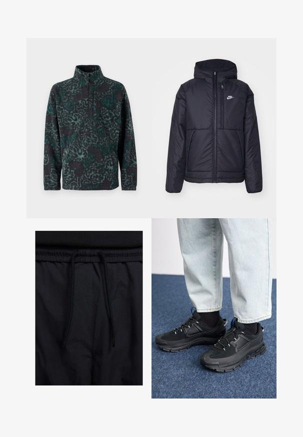 Svart, polstret Nike-jakke med frontglidelås og hette. Har en hvit logo på venstre bryst og doble frontlommer. Glatt ytterside.; Fleece-pullover i svart og teal med et geometrisk mønster, med kvart-zip krage og frontlomme. Myk tekstur.; Sorte shorts med snor i livet, lett stoff med en jevn tekstur, og et enkelt design uten synlige logoer eller mønstre.; Svarte sportssko med teksturert stoff og gummisåler, med elastiske lisser og en blå detalj på hælen. Brukt med lyse denimbukser.