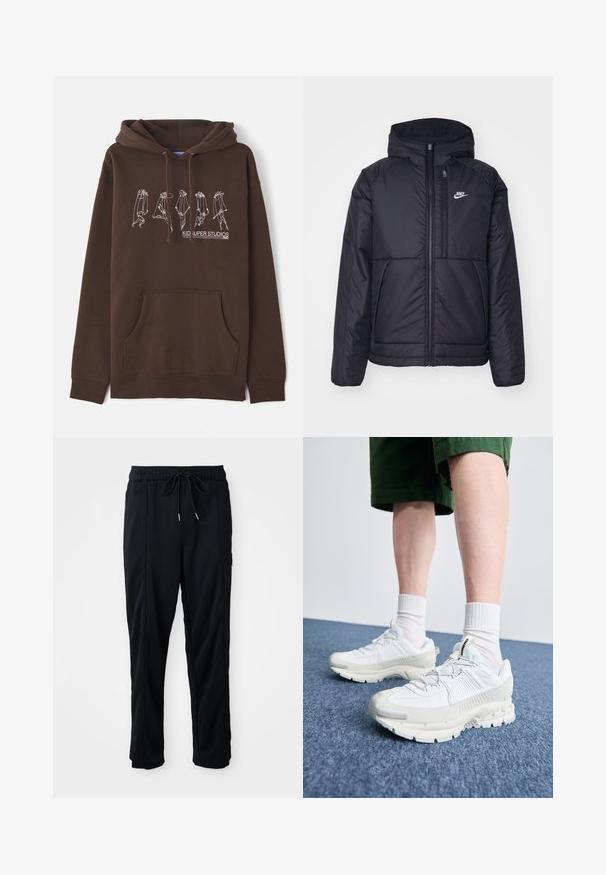 Černá zateplená bunda Nike s předním zipem a kapucí. Na levé straně hrudi má bílé logo a dvojité přední kapsy. Hladký povrch.; Hnědá mikina s kapucí na stažení, přední kapsou a bílou linkovou grafikou zobrazující postavy. Obsahuje logo "KID SUPER STUDIOS".; Černé casual kalhoty se stahovací šňůrkou v pase, bočními kapsami a rovnými nohavicemi na jednobarevném pozadí.; Bílé sportovní boty s texturovanými překryvy, masivní podrážkou a šedými akcenty. Na nohou mají bílé ponožky a zelené šortky na modrém povrchu.