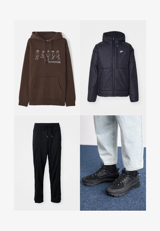Fekete, párnázott Nike dzseki elülső cipzárral és kapucnival. A bal mellen fehér logó található, valamint két elülső zseb. Simának tűnő külső felület.; Barna kapucnis pulóver, húzózsinórral, elülső zsebbel és fehér vonalrajz mintával, amely figurákat ábrázol. A "KID SUPER STUDIOS" logóval rendelkezik.; Fekete húzózsinóros, kényelmes nadrág oldalsó varrású zsebekkel és egyenes szabással, egyszínű háttéren.; Fekete sportcipők texturált anyaggal és gumitalppal, elasztikus fűzőkkel és kék kiegészítővel a saroknál. Világos farmernadrággal viselve.