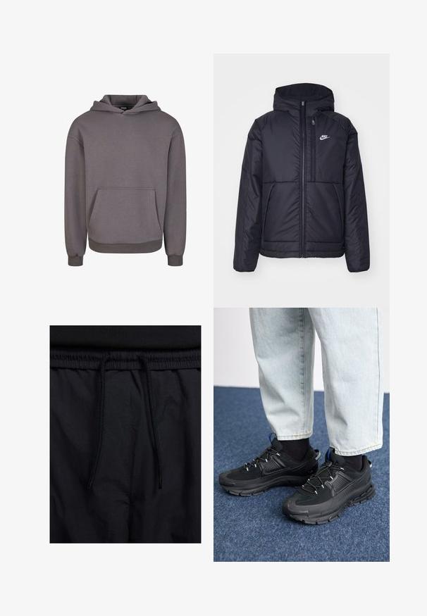 Svart, polstret Nike-jakke med frontglidelås og hette. Har en hvit logo på venstre bryst og doble frontlommer. Glatt ytterside.; Grå bomullshettegenser med frontlomme, hette og ribbestrikkede mansjetter. Glatt tekstur og avslappet passform. Minimalistisk design uten utsmykninger.; Sorte shorts med snor i livet, lett stoff med en jevn tekstur, og et enkelt design uten synlige logoer eller mønstre.; Svarte sportssko med teksturert stoff og gummisåler, med elastiske lisser og en blå detalj på hælen. Brukt med lyse denimbukser.