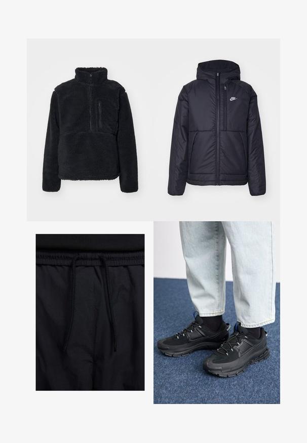 Casaco Nike preto, acolchoado, com fecho à frente e capuz. Apresenta um logo branco no lado esquerdo do peito e dois bolsos frontais. Textura exterior lisa.; Pulôver preto feito de um fleece suave e texturizado. Apresenta um colarinho alto, um zíper parcial e um bolso no peito com zíper.; Calções pretos com um cós elástico ajustável, fabricados em tecido leve com uma textura suave e um design simples, sem logótipos ou padrões visíveis.; Sapatilhas desportivas pretas com tecido texturizado e solas em borracha, apresentando atacadores elásticos e um detalhe azul no calcanhar. Usadas com calças de ganga claras.