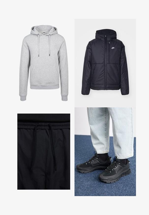 Svart, vadderad Nike-jacka med dragkedja framtill och huva. Har en vit logotyp på vänster bröst och dubbla framfickor. Slät yttextur.; Grå huvtröja med känguruficka, elastiska ärmslut, dragsnoddar och ett mjukt, texturerat tyg. Avslappnad design som är lämplig för lager-på-lager.; Svarta shorts med dragsko i midjan, lättviktig tyg med en slät yta och en enkel design utan synliga logotyper eller mönster.; Svarta sportskor med texturerat tyg och gummisulor, med elastiska snörningar och en blå detalj på hälen. Bärs med ljusa jeans.