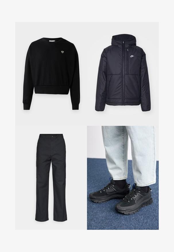 Melna, pufota Nike jaka ar priekšējo rāvējslēdzēju un kapuci. Iezīmēta ar baltu logotipu uz kreisās krūtis un divām priekšējām kabatām. Gluda ārējā tekstūra.; Melnā kroptā džemperī ar apaļu kaklu, garām piedurknēm un mazu izšūtu logotipu uz krūtīm, izgatavots no mīksta kokvilnas maisījuma.; Melni kravas bikses ar taisnu kāju dizainu, ar sānu kabatām un teksturētu audumu. Pogas aizdare jostasvietā nodrošina drošu piedilumu.; Melni sporta apavi ar strukturētu audumu un gumijas zoli, ar elastīgām auklām un zilu akcentu uz papēža. Nēsāti ar gaišām džinsu biksēm.