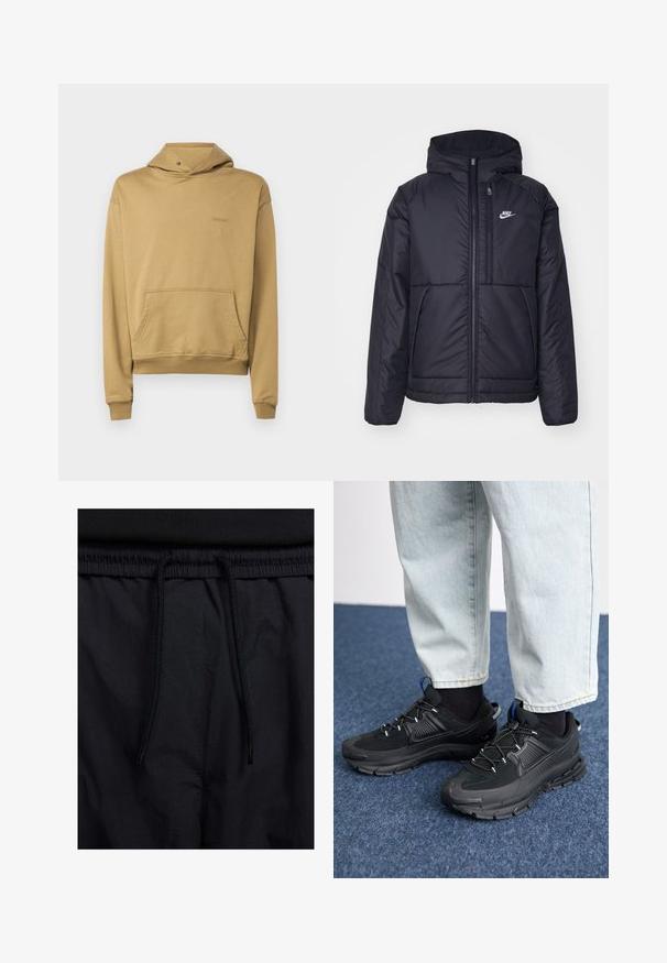 Crna Nike jakna s podstavom, dugmadi sprijeda i kapuljačom. Ima bijeli logotip na lijevoj strani prsnog koša i dva prednja džepa. Glatka vanjska tekstura.; Bareen BOJAN OVERSIZE HOODIE - Sportska majica - antique bronze; Crne kratke hlače s pojasom na vezanje, lagani materijal s glatkom teksturom i jednostavan dizajn bez vidljivih logotipa ili uzoraka.; Crne atletske cipele s teksturiranom tkaninom i gumene potplate, s elastičnim vezicama i plavim akcentom na peti. Nosene su s svijetlim trapericama.