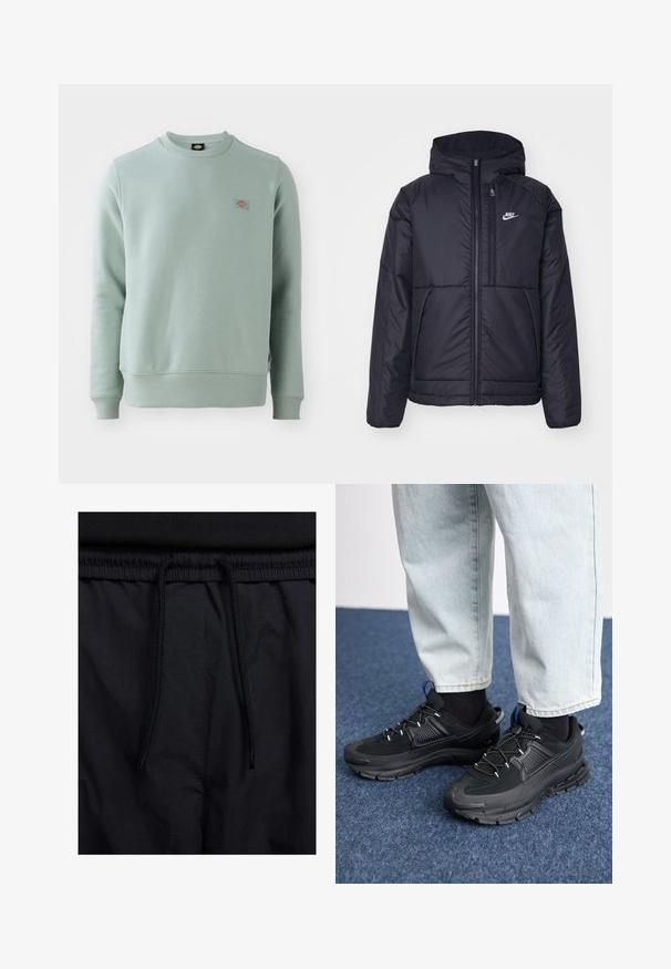 Fekete, párnázott Nike dzseki elülső cipzárral és kapucnival. A bal mellen fehér logó található, valamint két elülső zseb. Simának tűnő külső felület.; Mentazöld pulóver puha anyagból, kerek nyakkal, bordázott mandzsettákkal és egy kis logóval a mellkason. Simább textúra.; Fekete rövidnadrág, húzózsinórral ellátott derékrésszel, könnyű anyagból, sima felszínen, egyszerű dizájnnal, látható logók vagy minták nélkül.; Fekete sportcipők texturált anyaggal és gumitalppal, elasztikus fűzőkkel és kék kiegészítővel a saroknál. Világos farmernadrággal viselve.