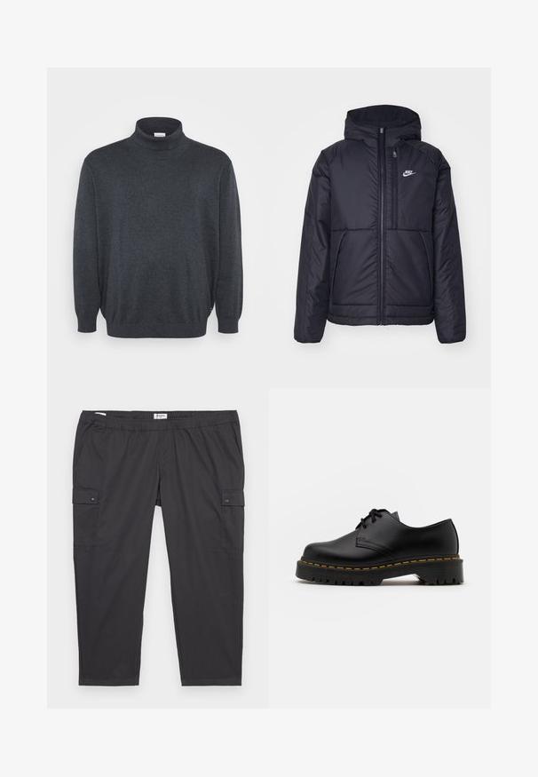 Schwarze, gepolsterte Nike-Jacke mit Frontreißverschluss und Kapuze. Hat ein weißes Logo auf der linken Brust und zwei Fronttaschen. Glattes äußeres Material.; Jack & Jones JJEBASIC ROLL NECK - Strickpullover - dark grey melange; Schwarze Cargo-Hosen mit einem elastischen Bund, seitlichen Taschen und Druckknopfdetails. Hergestellt aus leichtem, glattem Stoff.; Schwarze Leder Schnürschuhe mit runder Spitze, strukturiertem Gummisohle und gelben Nähten um den Rand. Flaches Design und glatte Oberfläche.