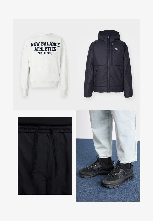 Svart, polstret Nike-jakke med frontglidelås og hette. Har en hvit logo på venstre bryst og doble frontlommer. Glatt ytterside.; Grå hettegenser laget av mykt materiale, med rund hals, ribbede mansjetter og et dristig marineblått trykk av "NEW BALANCE ATHLETICS SINCE 1906" på ryggen.; Sorte shorts med snor i livet, lett stoff med en jevn tekstur, og et enkelt design uten synlige logoer eller mønstre.; Svarte sportssko med teksturert stoff og gummisåler, med elastiske lisser og en blå detalj på hælen. Brukt med lyse denimbukser.