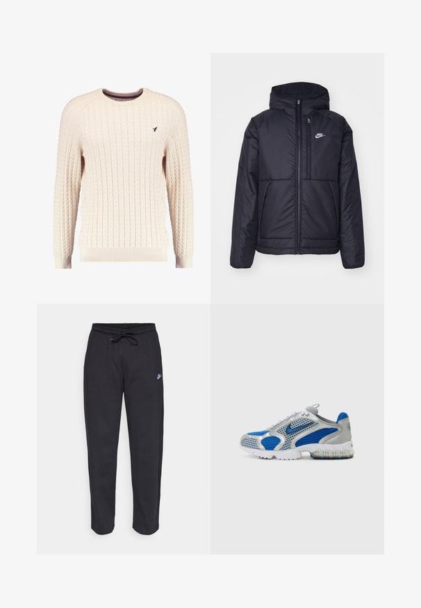 Veste Nike noire rembourrée avec une fermeture éclair sur le devant et une capuche. Elle présente un logo blanc sur la poitrine gauche et deux poches avant. Texture extérieure lisse.; Pull en maille torsadée crème avec manches longues et col ras du cou. Présente des poignets et un ourlet côtelés, avec un petit logo brodé sur la poitrine.; Pantalons de survêtement noirs en tissu doux, avec une taille élastique, un cordon de serrage et un petit logo Nike sur la cuisse gauche.; Baskets de sport bleu et argent avec des panneaux en maille, un col rembourré et une semelle translucide avec des accents bleus. Des lacets contrastants complètent le design.