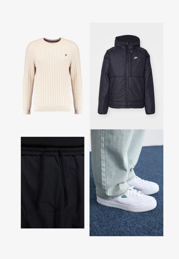 Veste Nike noire rembourrée avec une fermeture éclair sur le devant et une capuche. Elle présente un logo blanc sur la poitrine gauche et deux poches avant. Texture extérieure lisse.; Pull en maille torsadée crème avec manches longues et col ras du cou. Présente des poignets et un ourlet côtelés, avec un petit logo brodé sur la poitrine.; Shorts noirs avec un élastique à cordon de serrage, en tissu léger avec une texture lisse, et un design simple sans logos ni motifs visibles.; Baskets en cuir blanc avec logo Nike vert, bout rond, semelle plate, associées à un pantalon en denim bleu clair, présentées sur un tapis bleu.