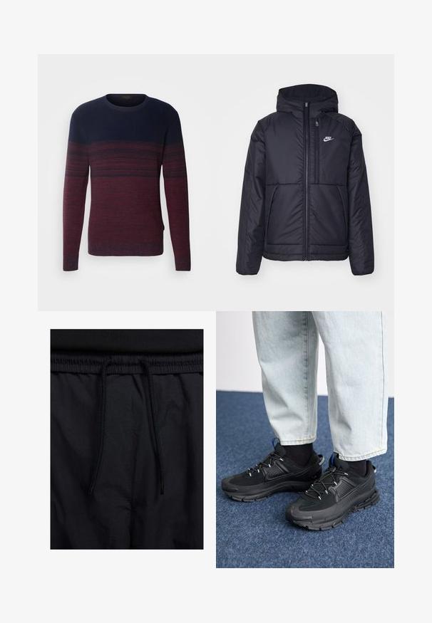 Black, padded Nike jacket with a front zipper and hood. Features a white logo on the left chest and dual front pockets. Smooth exterior texture.; INDICODE JEANS Jumper - russet; Black shorts featuring a drawstring waistband, lightweight fabric with a smooth texture, and a simple design without visible logos or patterns.; Black athletic shoes with textured fabric and rubber soles, featuring elastic laces and a blue accent on the heel. Worn with light denim pants.