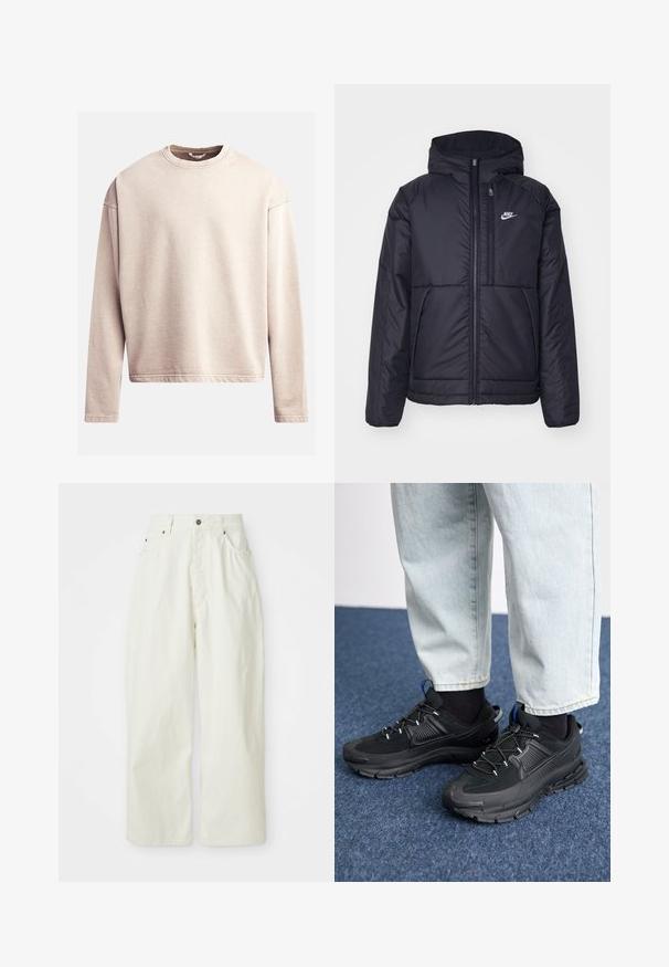 Black, padded Nike jacket with a front zipper and hood. Features a white logo on the left chest and dual front pockets. Smooth exterior texture.; Light beige sweatshirt with a crew neck, long sleeves, and relaxed fit. Smooth fabric with visible stitching along the hem and cuffs.; White wide-leg pants made of cotton, featuring a high waist, five pockets, and metal button closure. Smooth texture with a minimalist design.; Black athletic shoes with textured fabric and rubber soles, featuring elastic laces and a blue accent on the heel. Worn with light denim pants.