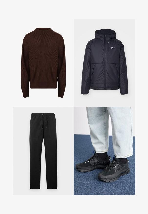 Svart, polstret Nike-jakke med frontglidelås og hette. Har en hvit logo på venstre bryst og doble frontlommer. Glatt ytterside.; Redefined Rebel MILTON BOXY FIT - Strikkegenser - demitasse; Sorte joggebukser laget av fleece, med elastisk liv med snøring, to frontlommer og en liten logo på låret.; Svarte sportssko med teksturert stoff og gummisåler, med elastiske lisser og en blå detalj på hælen. Brukt med lyse denimbukser.