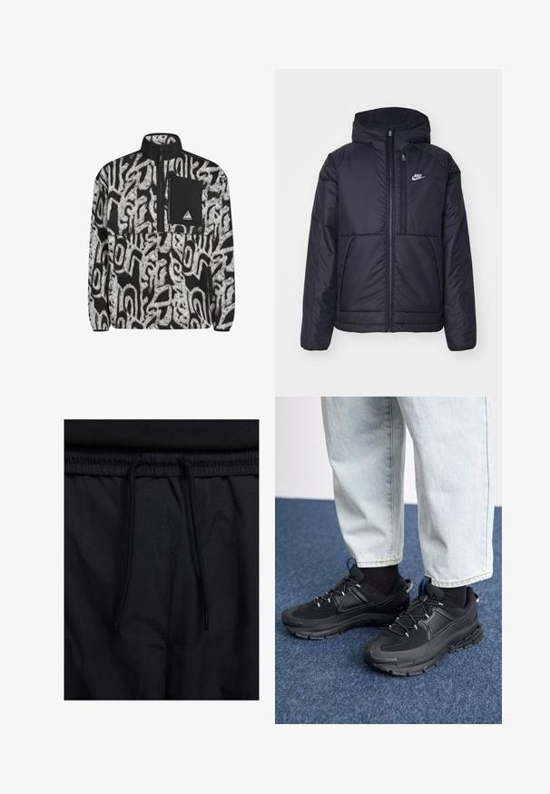Black, padded Nike jacket with a front zipper and hood. Features a white logo on the left chest and dual front pockets. Smooth exterior texture.; Black and white fleece pullover with abstract pattern, half-zip closure, and black chest pocket featuring a logo patch.; Black shorts featuring a drawstring waistband, lightweight fabric with a smooth texture, and a simple design without visible logos or patterns.; Black athletic shoes with textured fabric and rubber soles, featuring elastic laces and a blue accent on the heel. Worn with light denim pants.