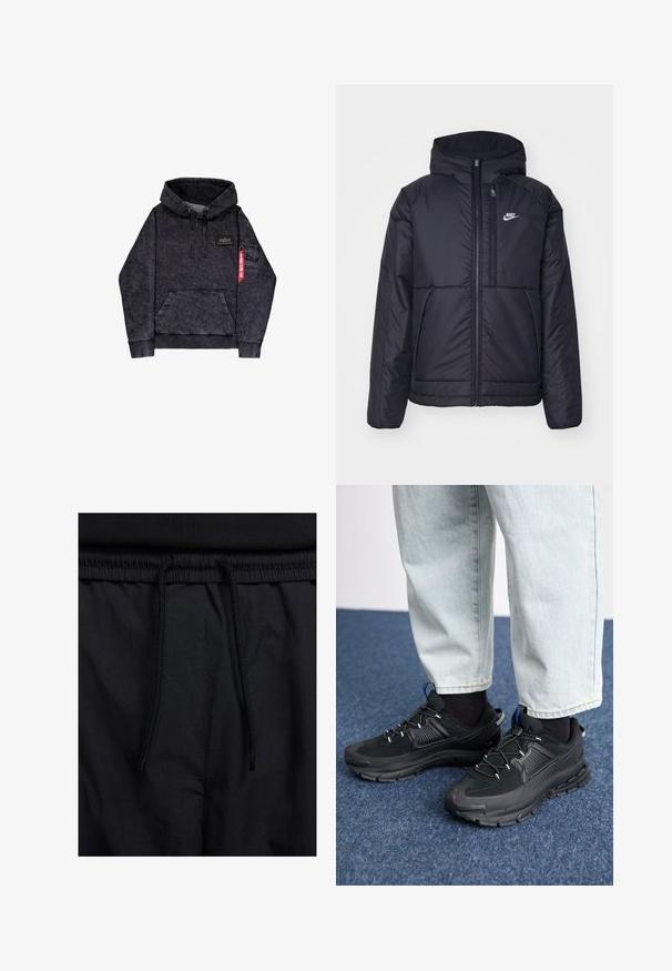 Crna Nike jakna s podstavom, dugmadi sprijeda i kapuljačom. Ima bijeli logotip na lijevoj strani prsnog koša i dva prednja džepa. Glatka vanjska tekstura.; Crna melange dukserica s kapuljačom i kengur džepom, podesivim vezicom za kapuljaču, logom na prsima i bočnim džepom s crvenim oznakom.; Crne kratke hlače s pojasom na vezanje, lagani materijal s glatkom teksturom i jednostavan dizajn bez vidljivih logotipa ili uzoraka.; Crne atletske cipele s teksturiranom tkaninom i gumene potplate, s elastičnim vezicama i plavim akcentom na peti. Nosene su s svijetlim trapericama.