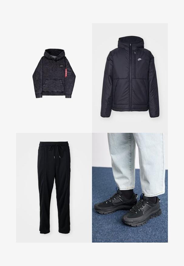 Melna, pufota Nike jaka ar priekšējo rāvējslēdzēju un kapuci. Iezīmēta ar baltu logotipu uz kreisās krūtis un divām priekšējām kabatām. Gluda ārējā tekstūra.; Melanžs melns kapucis ar kangurū kabatu, regulējamu auklu kapuci, logo pielikumu uz krūšu un sānu kabatu ar sarkano birku detaļu.; Melnas bikses ar aukliņu jostas vietā, ar sānu kabatām un taisnu kāju griezumu uz vienkrāsaina fona.; Melni sporta apavi ar strukturētu audumu un gumijas zoli, ar elastīgām auklām un zilu akcentu uz papēža. Nēsāti ar gaišām džinsu biksēm.