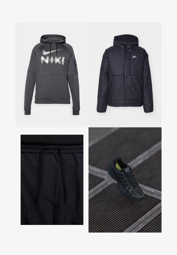 Μαύρο, επενδυμένο μπουφάν Nike με μπροστινό φερμουάρ και κουκούλα. Διαθέτει λευκό λογότυπο στο αριστερό στήθος και διπλές μπροστινές τσέπες. Λείο εξωτερικό υλικό.; Σκούρο γκρι φούτερ με τσέπη καγκουρό μπροστά, κουκούλα και κορδόνια. Διαθέτει λευκό λογότυπο Nike και σχέδιο κειμένου στο στήθος. Μαλακό ύφασμα.; Μαύρο σορτσάκι με ζωνάκι που ρυθμίζεται, ελαφρύ ύφασμα με απλή υφή και απλό σχέδιο χωρίς ορατά λογότυπα ή μοτίβα.; Μαύρο αθλητικό παπούτσι με επάνω μέρος από πλέγμα και συνθετικό υλικό, με υφές στη σόλα και νέον πράσινα στοιχεία στο εσωτερικό. Διαθέτει κορδόνια και ένα έντονο λογότυπο.
