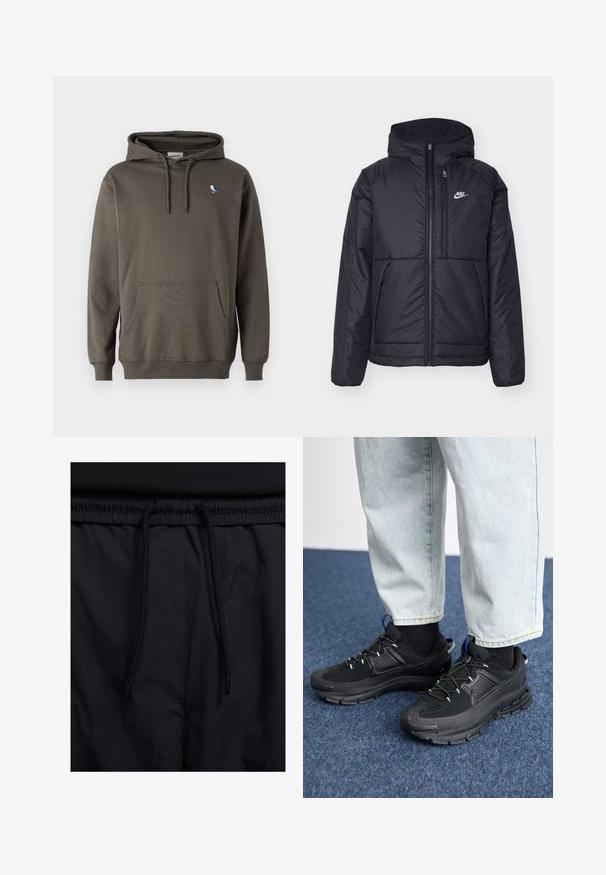 Must musta Nike jope, millel on ees lukuga avamine ja kapuuts. Vasakpoolne rind on kaunistatud valge logoga ning ees on kaks taskut. Sile välimine tekstuur.; Olive rohelise kapuutsiga sviiter, valmistatud pehmest puuvillasest materjalist. Omab esikotti ja väikest linnu tikandit vasakul rinnal.; Mustad lühikesed püksid, millel on paelaga vöökoht, kerge kangas, mis on sileda tekstuuriga ning lihtne disain ilma nähtavate logode või mustriteta.; Mustad mustad jooksukingad, millel on tekstureeritud kangas ja kummist tallad, elastsed nöörid ning sinine aksent kandadel. Kandmine heledate teksadega.