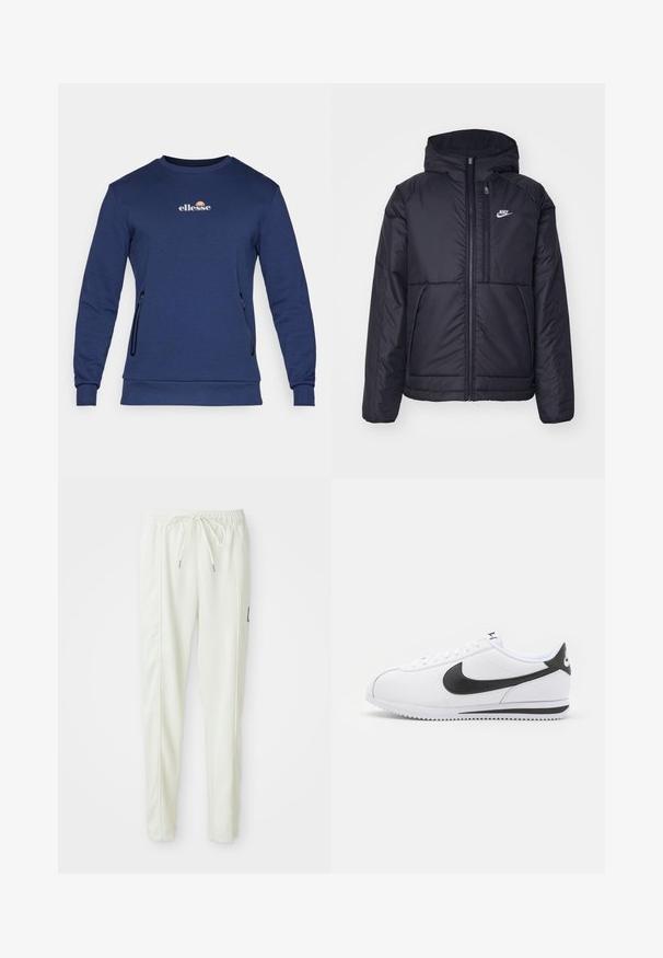 Casaco Nike preto, acolchoado, com fecho à frente e capuz. Apresenta um logo branco no lado esquerdo do peito e dois bolsos frontais. Textura exterior lisa.; Sweatshirt azul-marinho feito de tecido macio, com decote redondo, mangas longas, bolsos laterais com fecho éclair e um pequeno logótipo 'ellesse' no peito.; Calças jogger slim-fit brancas com cintura elástica e cordão, apresentando detalhes nas costuras laterais e um pequeno patch preto na perna direita.; Sapatilhas brancas de couro com o swoosh preto da Nike, atacadores planos e sola de borracha texturizada. Bico arredondado e colarinho acolchoado para maior conforto.