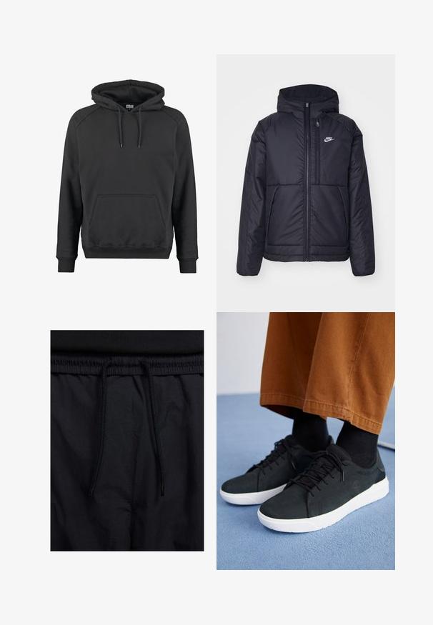 Chaqueta acolchada negra de Nike con cremallera frontal y capucha. Presenta un logo blanco en el lado izquierdo del pecho y dos bolsillos frontales. Textura exterior suave.; Sudadera con capucha negra, fabricada en tejido suave, que presenta un bolsillo canguro, puños de canalé y cordones ajustables en la capucha.; Pantalones cortos negros con cinturilla ajustable, tejido ligero con una textura suave y un diseño sencillo sin logotipos visibles ni patrones.; Zapatillas de ante negro con suelas de goma blanca, que presentan un diseño con cordones, acentos texturizados y una marca sutil, combinadas con pantalones marrones.