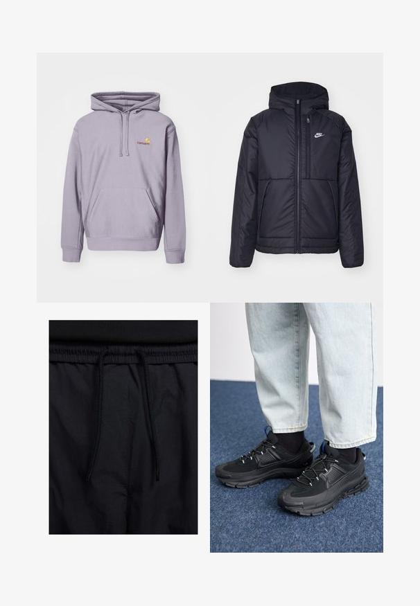 Black, padded Nike jacket with a front zipper and hood. Features a white logo on the left chest and dual front pockets. Smooth exterior texture.; Purple hoodie made of cotton blend, featuring a central kangaroo pocket, drawstring hood, and embroidered logo on the chest.; Black shorts featuring a drawstring waistband, lightweight fabric with a smooth texture, and a simple design without visible logos or patterns.; Black athletic shoes with textured fabric and rubber soles, featuring elastic laces and a blue accent on the heel. Worn with light denim pants.