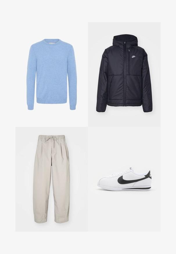 Svart, vadderad Nike-jacka med dragkedja framtill och huva. Har en vit logotyp på vänster bröst och dubbla framfickor. Slät yttextur.; Mjukt ljusblått crew neck-tröja med långa ärmar och ribbade muddar och nederkant, tillverkad i ett fint stickat tyg.; Beiga, lätta byxor med elastisk midja och dragsko. Funktioner veck och en lös passform, tillverkade av ett mjukt, slätt material.; Vita lädersneakers med svart Nike-swoosh, släta snören och strukturerad gummisula. Rund tå och vadderad krage för komfort.