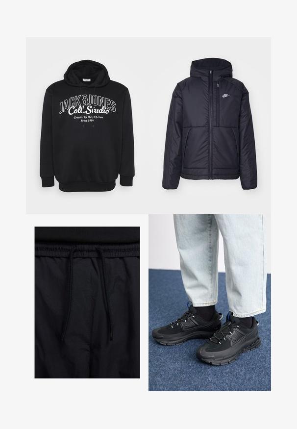 Černá zateplená bunda Nike s předním zipem a kapucí. Na levé straně hrudi má bílé logo a dvojité přední kapsy. Hladký povrch.; Černá mikina s kapucí a stahovací šňůrkou, s žebrovanými manžetami. Na přední straně se nachází bílé textové logo "JACK & JONES Coll. Studio" umístěné na střed.; Černé šortky s páskem na šňůrku, lehký materiál s hladkou texturou a jednoduchý design bez viditelných log nebo vzorů.; Černé sportovní boty s texturovanou tkaninou a gumovou podrážkou, s elastickými tkaničkami a modrým akcentem na patě. Nosí se s světlými džíny.
