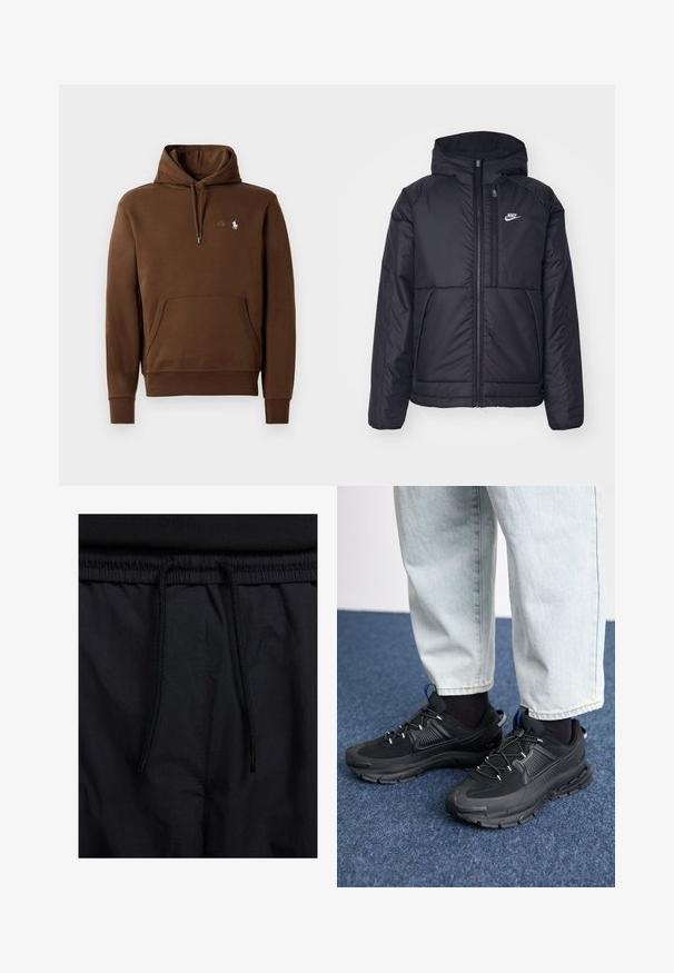 Casaco Nike preto, acolchoado, com fecho à frente e capuz. Apresenta um logo branco no lado esquerdo do peito e dois bolsos frontais. Textura exterior lisa.; Hoodie castanho feito de tecido suave, apresenta um capuz com cordão, bolso canguru e um pequeno logotipo bordado no peito.; Calções pretos com um cós elástico ajustável, fabricados em tecido leve com uma textura suave e um design simples, sem logótipos ou padrões visíveis.; Sapatilhas desportivas pretas com tecido texturizado e solas em borracha, apresentando atacadores elásticos e um detalhe azul no calcanhar. Usadas com calças de ganga claras.